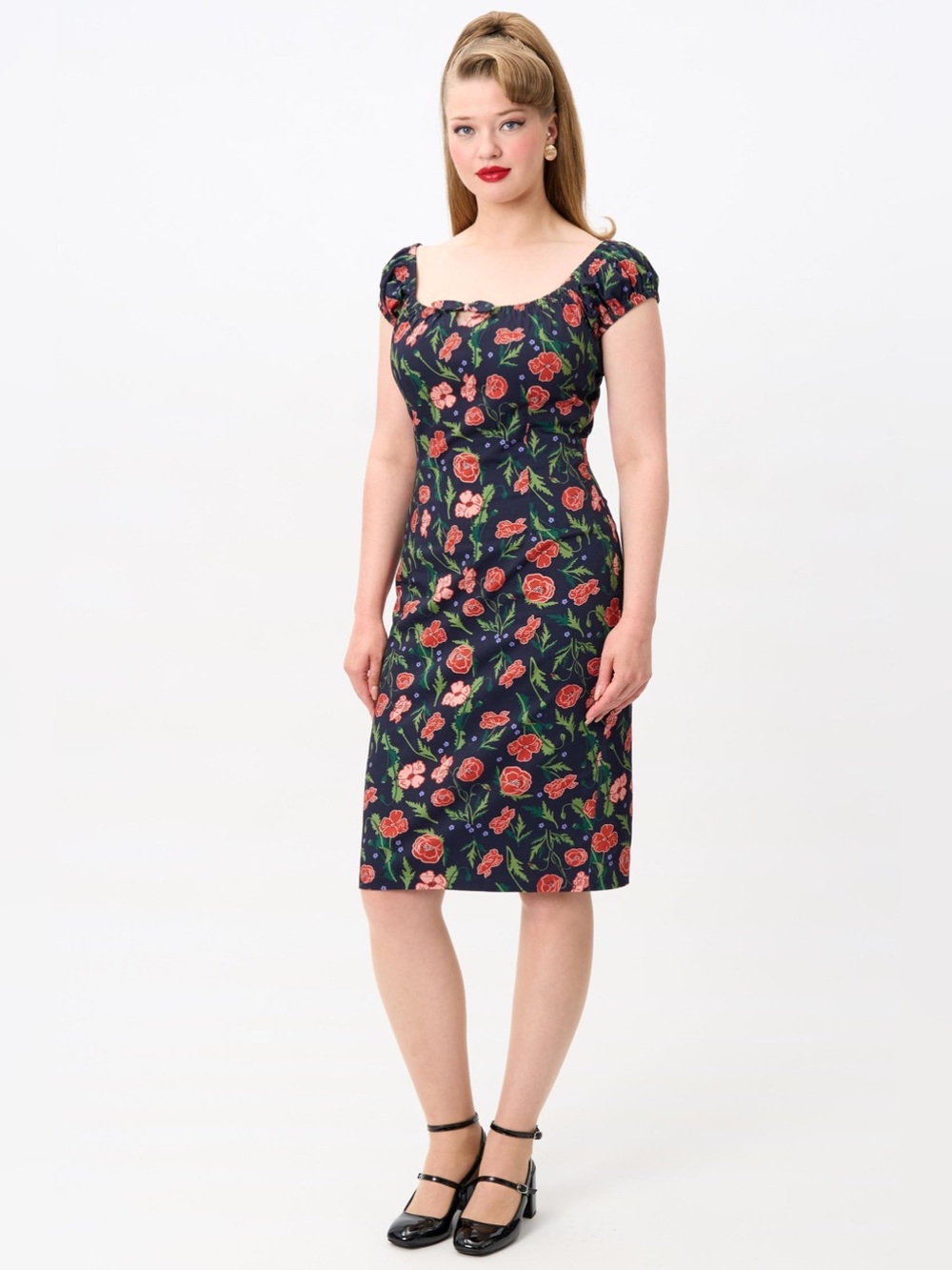 Collectif Lorena Poppy Pencil Dress Navy/Pink Floral Size 6 (Small) Retro 50s